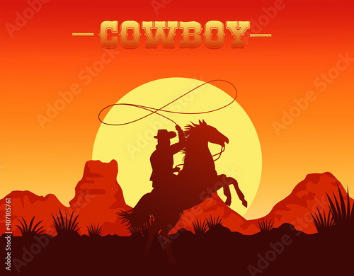 cowboy lettering in wild west scene with cowboy lassoing in horse