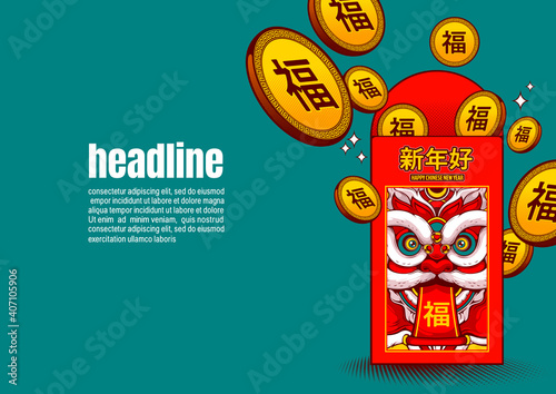 Ang Pao, Happy Chinese new year, lion dance, Translation on picture text 