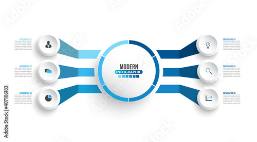 Vector infographic template with 3D paper label, integrated circles. Business concept with 6 options. For content, diagram, flowchart, steps, parts, timeline infographics, workflow, chart.