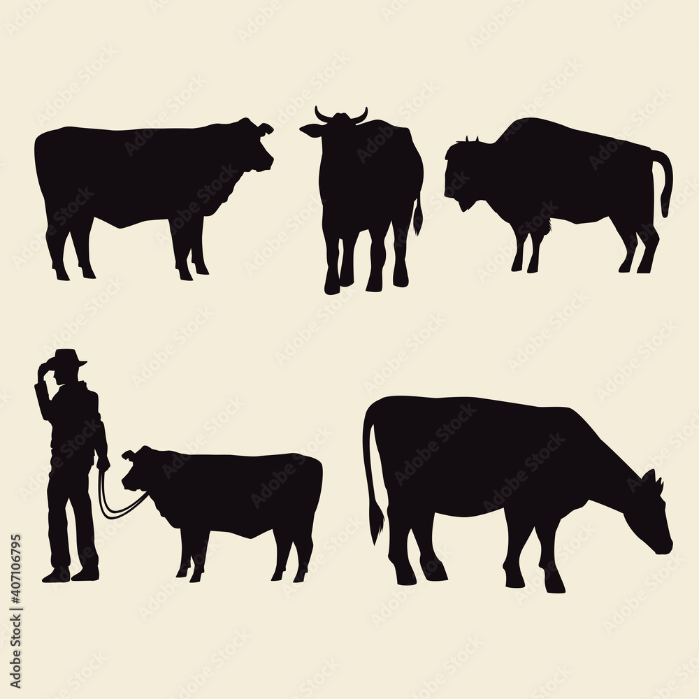 Fototapeta premium cows animals silhouettes and cowboy icons