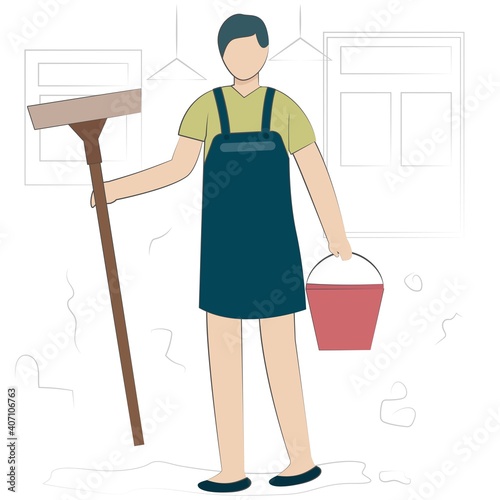 A woman with a bucket and mop. Cleaning service company staff in uniform. men cartoon character cleaner. vector illustration in flat style on white background