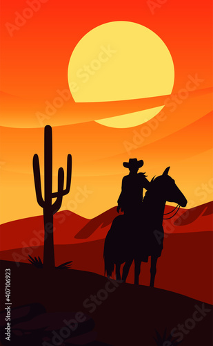 wild west sunset scene with cowboy in horse and cactus