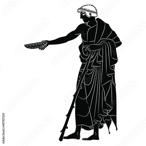 Standing ancient Greek young man holding bowl. Vase painting style. Black and white linear silhouette.	