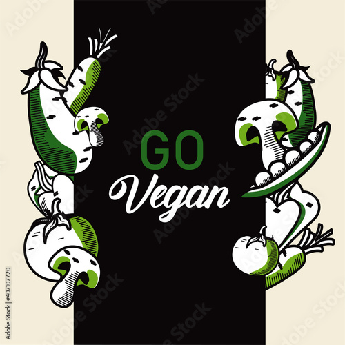 go vegan lettering poster with vegetables in black background