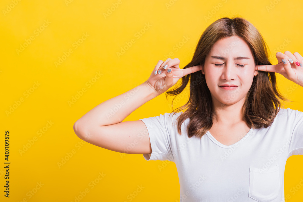woman smile have closed palms ears with palms woman smile have closed palms ears with palms