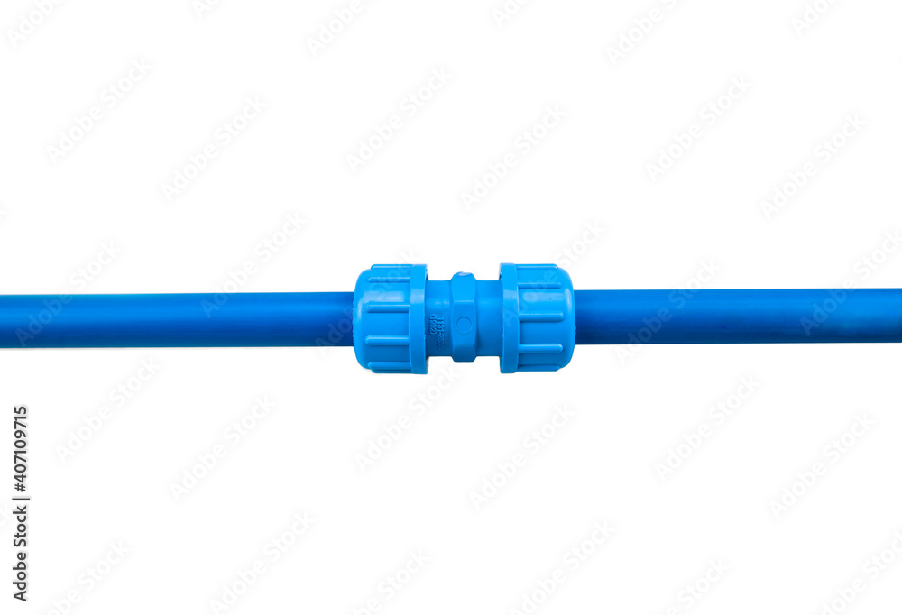 Blue PVC pipe set, separate on a white background, blue plastic water pipe, PVC accessories for plumbing work Plumber equipment Bend and connect the three-way plastic pipe to drain the waste water. Blue PVC pipe set, separate on a white background, blue plastic water pipe, PVC accessories for plumbing work Plumber equipment Bend and connect the three-way plastic pipe to drain the waste water.
