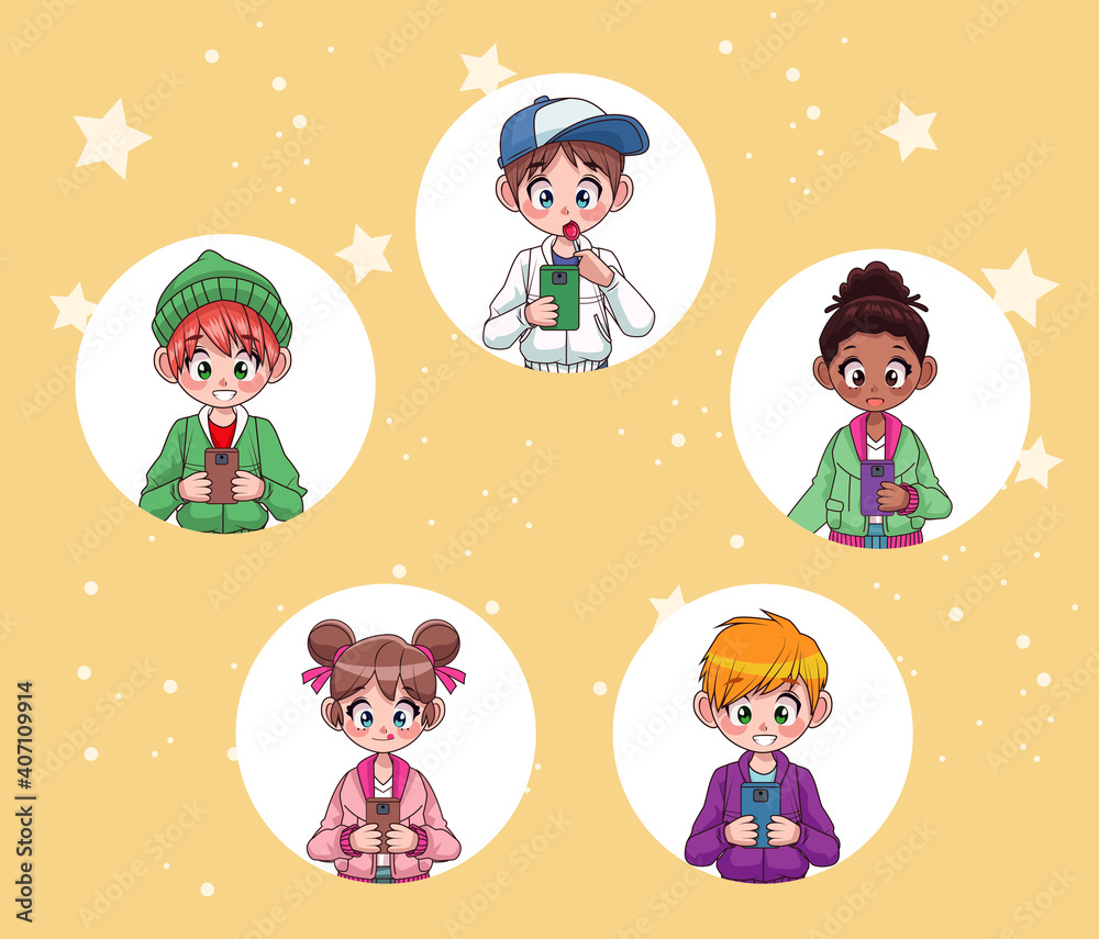 young interracial teenagers kids using smartphones characters young interracial teenagers kids using smartphones characters