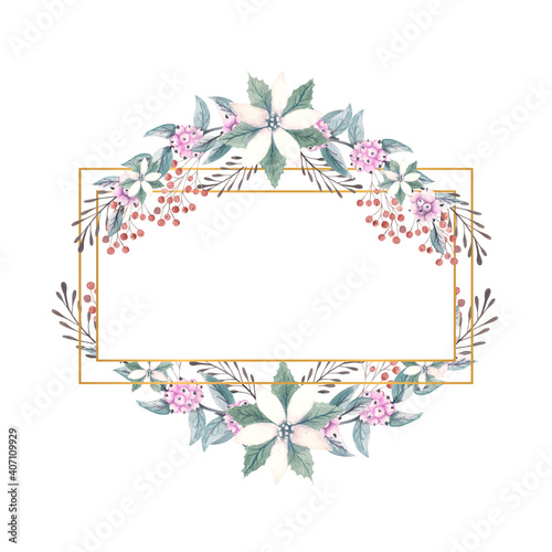 Winter watercolor in a gold rectangular frame with sprigs of snow berries and poinsettia flowers. Hand-drawn illustration. For invitations, greeting cards, prints, posters, advertising.
