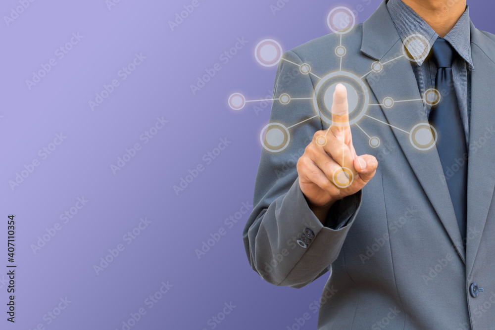 Businessman select button on touch screen interface and select Businessman select button on touch screen interface and select