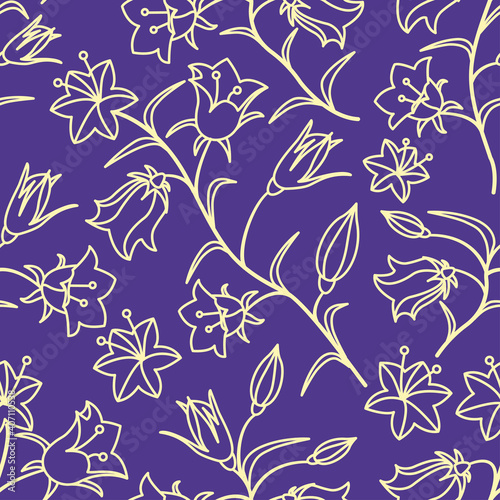 A seamless pattern with the colors of bells. Light yellow contour on a purple background. Vector illustration.