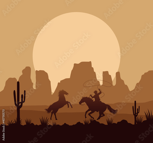 wild west desertic sunset scene with horses and cowboy