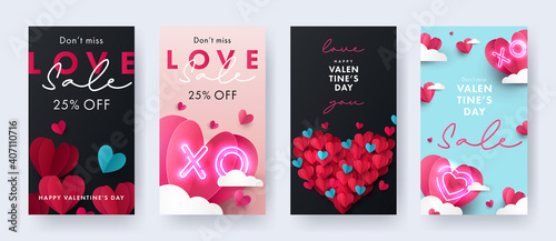Set of Happy Valentine's Day vertical banners, Sale posters, cards or flyers with Origami Hearts in paper cut style. Design template for advertising, web, social media, stories templates