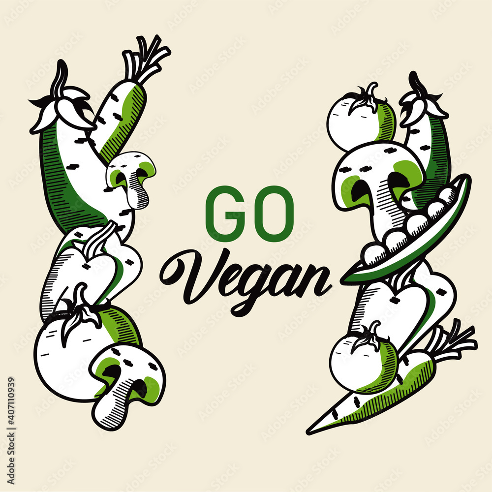 Naklejka premium go vegan lettering poster with healthy food