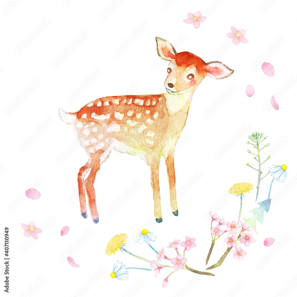 水彩画セット素材 微笑む子鹿のイラストと春の草花装飾枠のセット Stock Illustration Adobe Stock