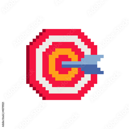 Target and arrow. Advertise icon. Pixel art style. Goal setting. Achievement and success. 8-bit sprite. Isolated abstract vector illustration. Design for app, logo and sticker.