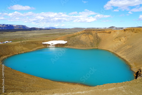 Beautiful view of the blue water at Krafla Viti Crater near Lake Myvatn, Iceland