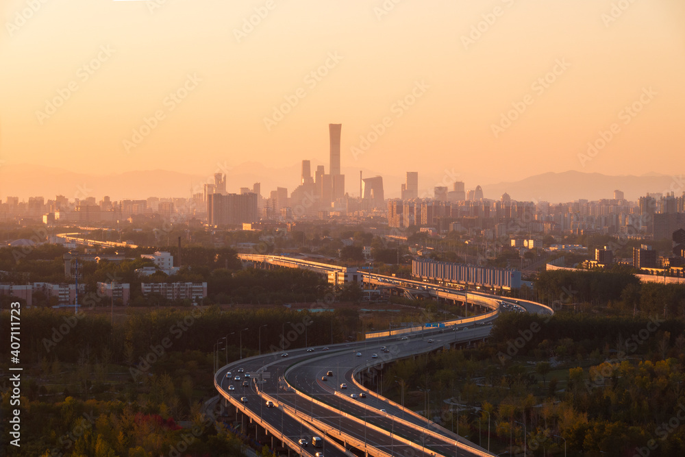 Busy city traffic and business buildings, Landmark buildings in Beijing