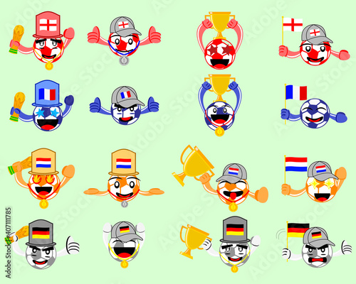 Illustration vector graphic cartoon character of an iconic collection of  football players and supporters of England, France, Netherlands and Germany