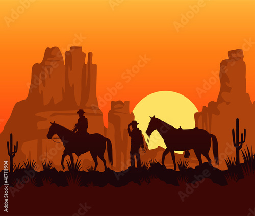 wild west sunset scene with cowboys and horses