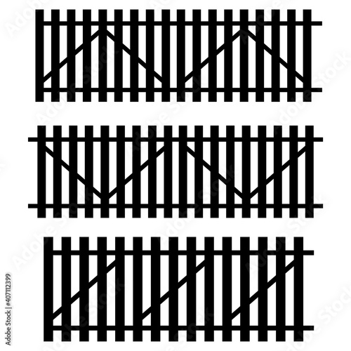 Black fence in rustic style. Black parts of inclosure. Sections of different fences. Black parts of inclosure. 