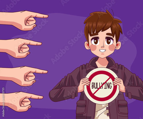 young teenager boy with stop bullying signal and hands attacking