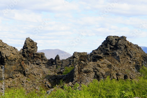The view of the unique rock structure at Dimmuborgir Lava Formations near Lake Myvatn, Iceland