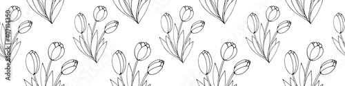 Vector seamless pattern with outline Bouquet of three flowers of tulips. Hand drawn doodle spring texture, background. For wrapping paper, coloring page, mother's or women's or Valentine's Day