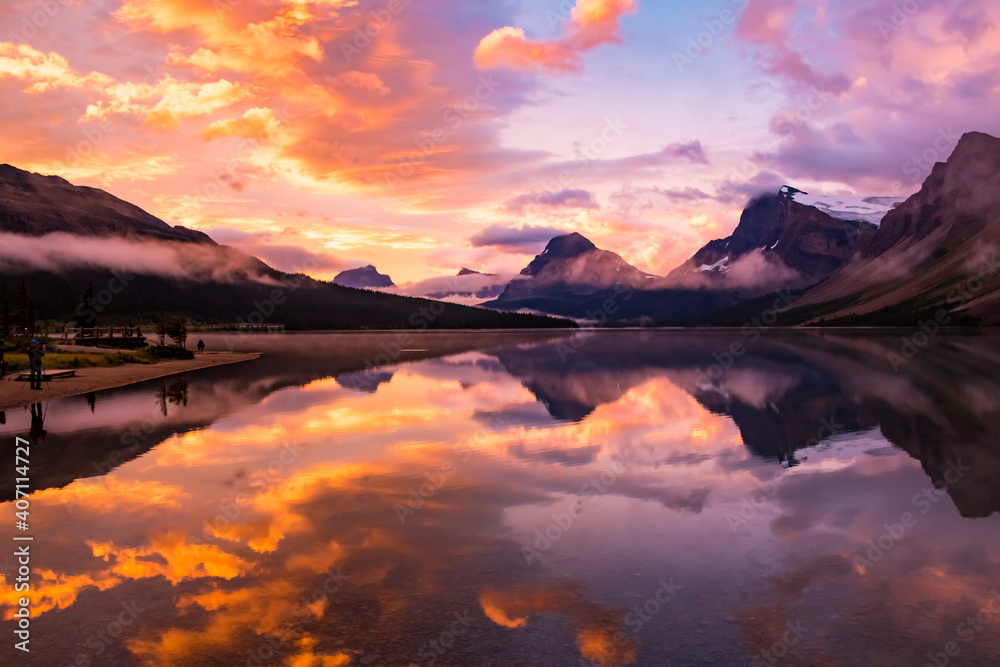 Scenic landscape view of Bow Lake in Alberta taken at early sunrise.