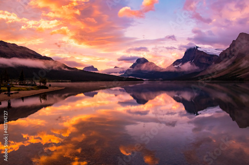 Scenic landscape view of Bow Lake in Alberta taken at early sunrise.