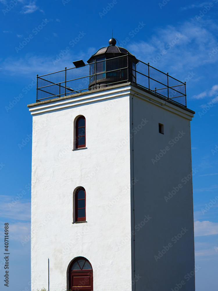Small lighthouse on the coast Baagoe Bågø Island Funen Denmark Small lighthouse on the coast Baagoe Bågø Island Funen Denmark
