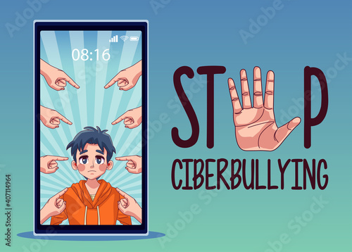 young boy in smartphone with hands bullying attacking and lettering