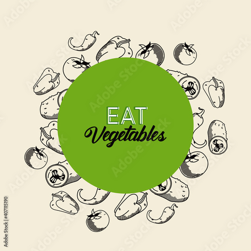 eat vegetables lettering poster with healthy food in circular frame