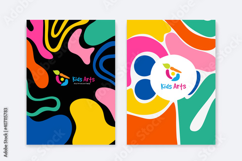 Kids Arts logo and stationery vector. Cute kids multi colored cover design for advertising brochure, Children pattern, kids menu, kindergarten poster, social media post, website background.