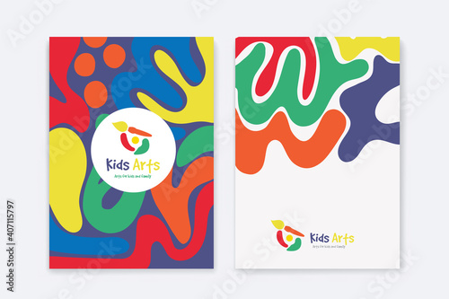 Kids Arts logo and stationery vector. Cute kids multi colored cover design for advertising brochure, Children pattern, kids menu, kindergarten poster, social media post, website background.