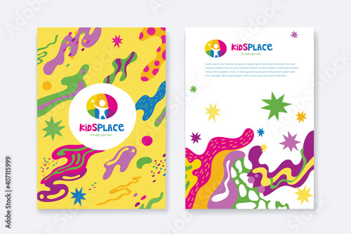 Kids Arts logo and stationery vector. Cute kids multi colored cover design for advertising brochure, Children pattern, kids menu, kindergarten poster, social media post, website background.