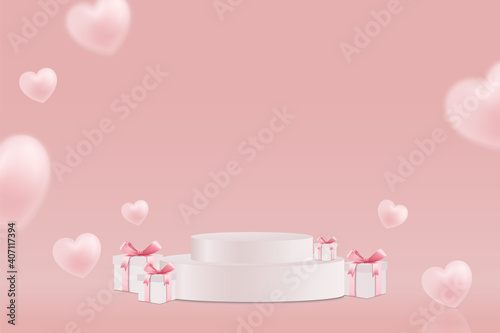 valentines day product stand with 3d hearts and gift box, podiums mockup