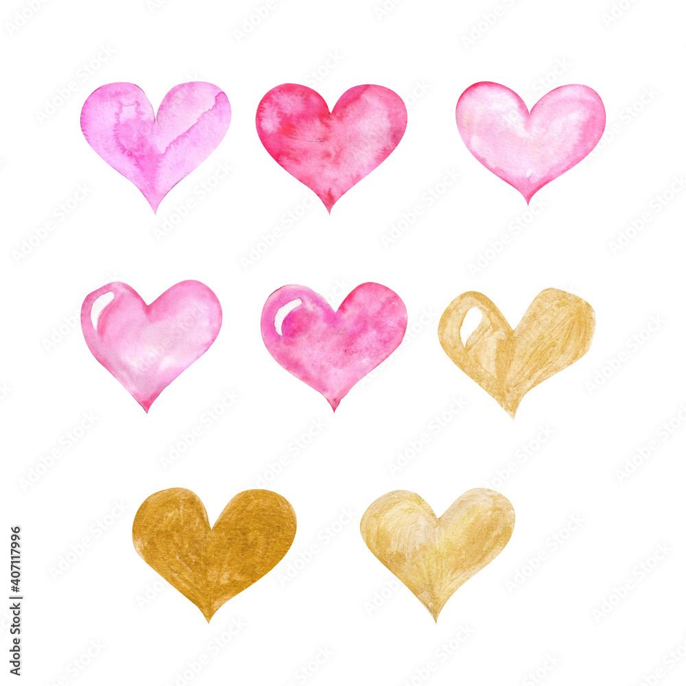 Watercolor illustration. Set of pink and gold hearts. Watercolor elements for holiday, design, Valentine's day, etc.