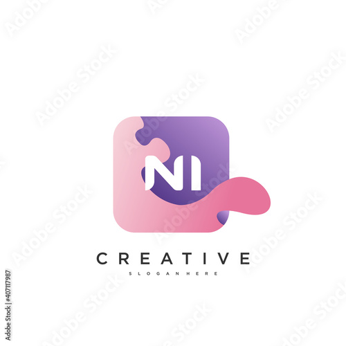 NI Initial Letter logo icon design template elements with wave colorful art