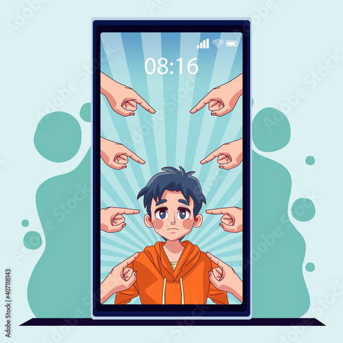 young teenager boy in smartphone with hands bullying attacking