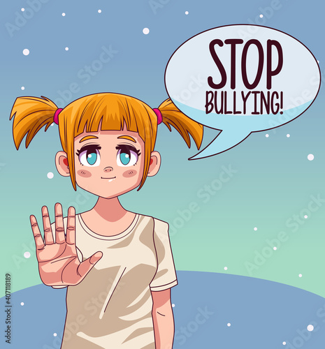 young teenager girl with stop bullying lettering in speech bubble