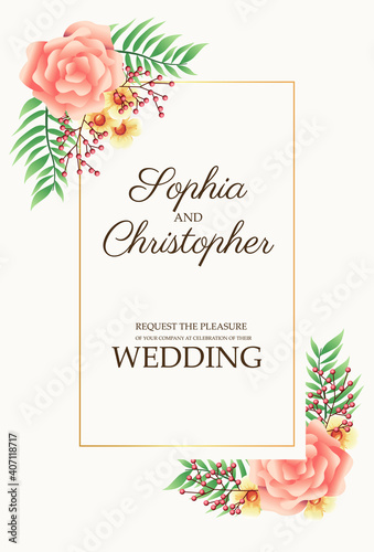 wedding invitation card with flowers pink in the corners frame