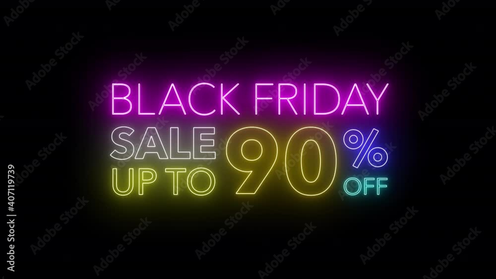 Animate flashing of black Friday sale up to percent off colorful neon blaze sign motion banner in black background for promote video. concept of promotion brand sale series 10-90% Animate flashing of black Friday sale up to percent off colorful neon blaze sign motion banner in black background for promote video. concept of promotion brand sale series 10-90%