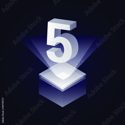 3d modern silver white solid number vector on light cube platform, shiny digital isometric count illustration & spotlight shimmer transparent square stage, technology typography number five 5 symbol