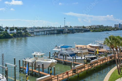 Boats parked at the dock along the intracoastal waterway in St Petersburg / Clearwater in Florida