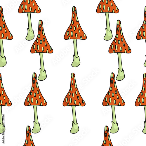 Seamless pattern of spotted mushrooms on a light stalk, fly agarics in vertical rows on a white background