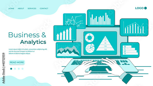 Business and analytics. A businessman works with analytics.A businessman studies an infographic on a computer screen.The concept of teamwork and data accounting.Business and project financing.