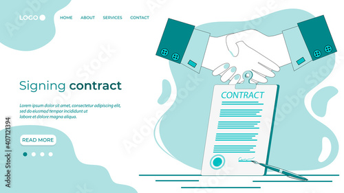 Signing contract.Handshake on the background of a signed contract.The concept of a contract, transaction, and business negotiations.Flat vector illustration.The template of the landing page.
