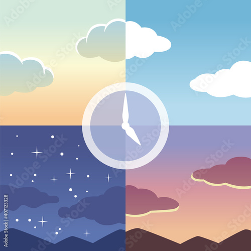 朝・昼・夕・夜を背景にした時計