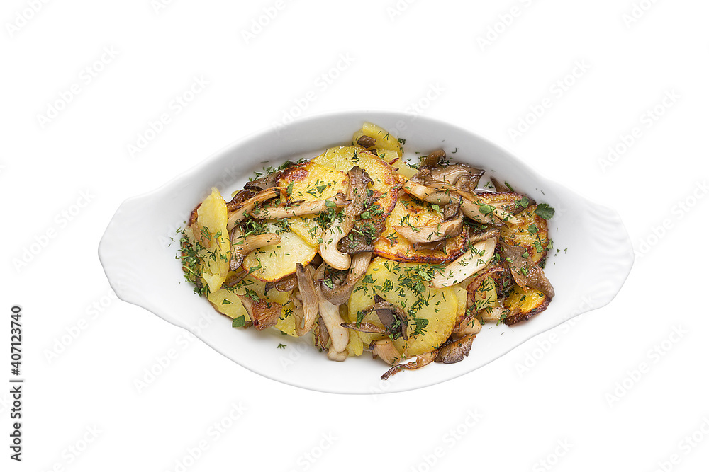 Appetizing dish of fried potatoes with mushrooms. Restaurant service concept. Isolated. Appetizing dish of fried potatoes with mushrooms. Restaurant service concept. Isolated.