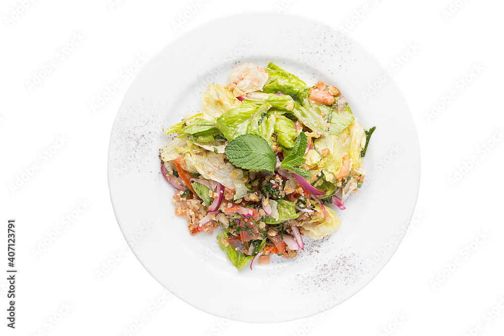 Light salad with fresh herbs and mild sauce. Restaurant service concept. Isolated. Light salad with fresh herbs and mild sauce. Restaurant service concept. Isolated.